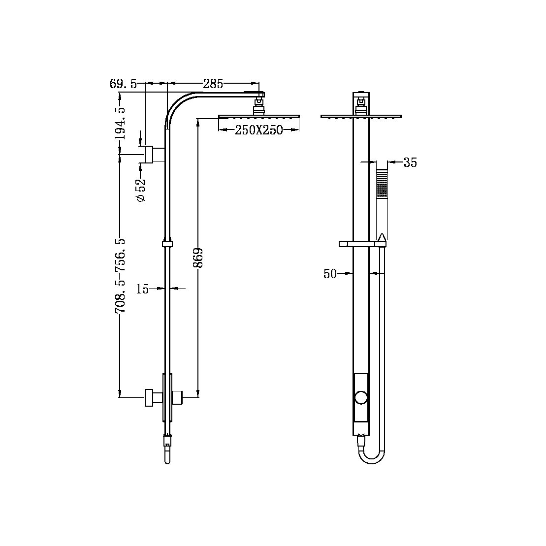 ASTRA RAIN SQUARE SHOWER SET MATTE BLACK (SINGLE HOSE) (NR281305cMB)