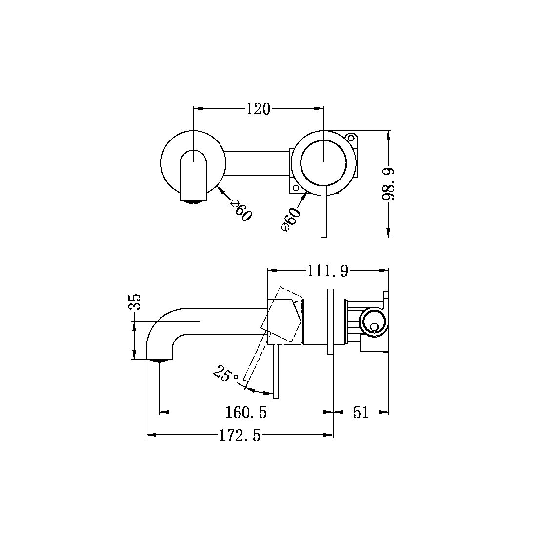 MECCA WALL BASIN/BATH MIXER SEPARATE BACK PLATE 120/160/185/230/260 MM SPOUT BRUSHED GOLD (NR221910c120/160/185/230/260 BG)