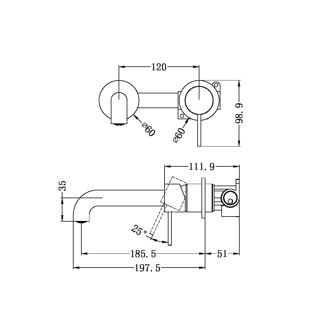 MECCA WALL BASIN/BATH MIXER SEPARATE BACK PLATE 120/160/185/230/260 MM SPOUT BRUSHED GOLD (NR221910c120/160/185/230/260 BG)