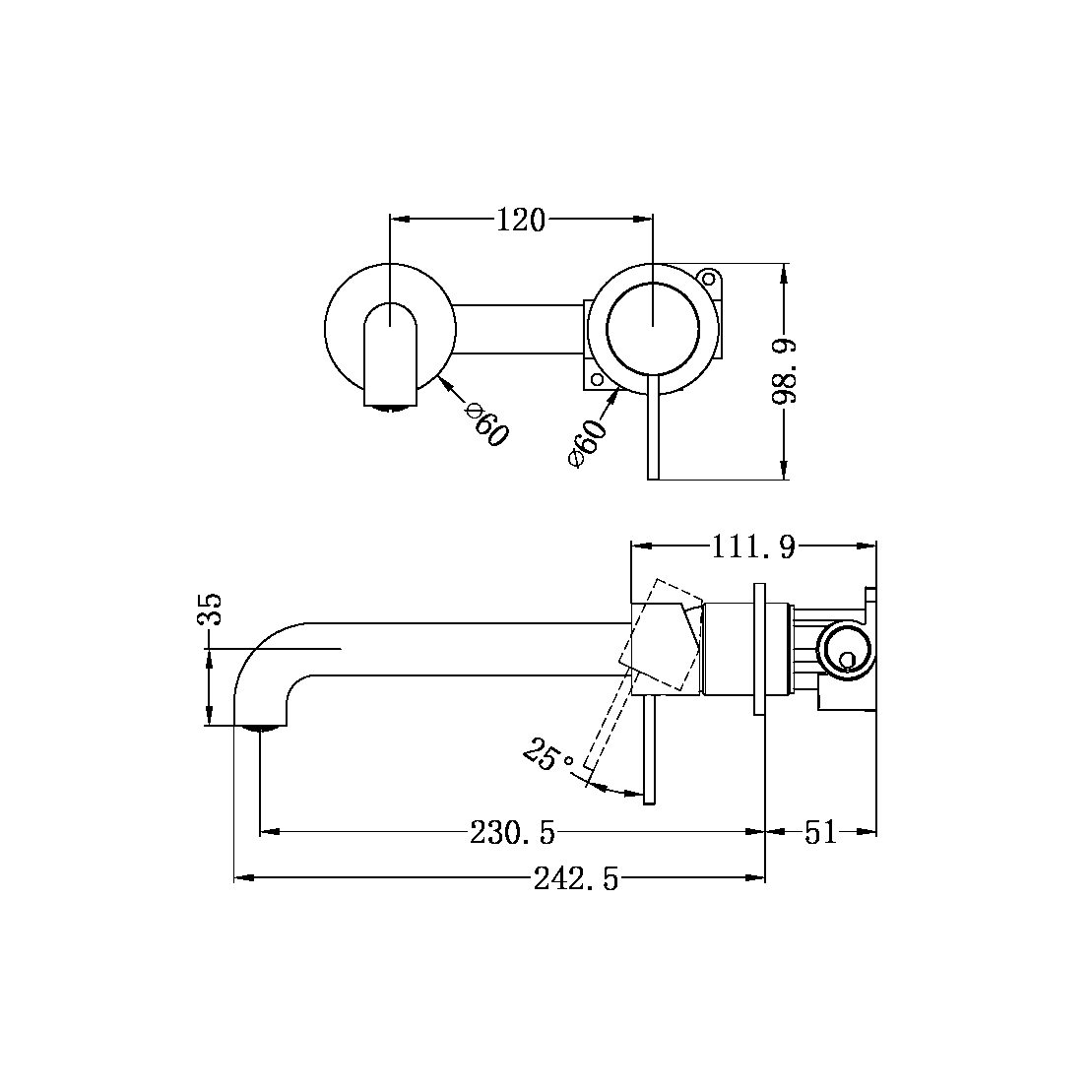 MECCA WALL BASIN/BATH MIXER SEPARATE BACK PLATE 120/160/185/230/260 MM SPOUT BRUSHED GOLD (NR221910c120/160/185/230/260 BG)