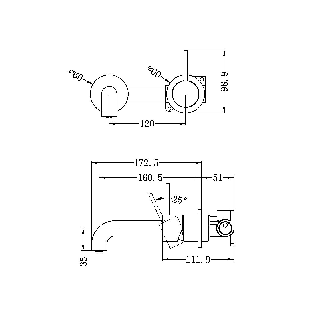 MECCA WALL BASIN/BATH MIXER SEPARATE BACK PLATE HANDLE UP 120/160/185/230/260 MM SPOUT GUN METAL (NR221910d120/160/185/230/260 GM)