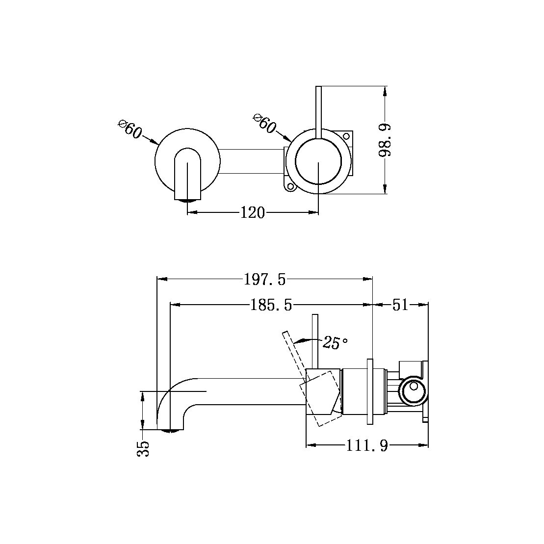 MECCA WALL BASIN/BATH MIXER SEPARATE BACK PLATE HANDLE UP 120/160/185/230/260 MM SPOUT MATTE WHITE (NR221910d120/160/185/230/260 MW)