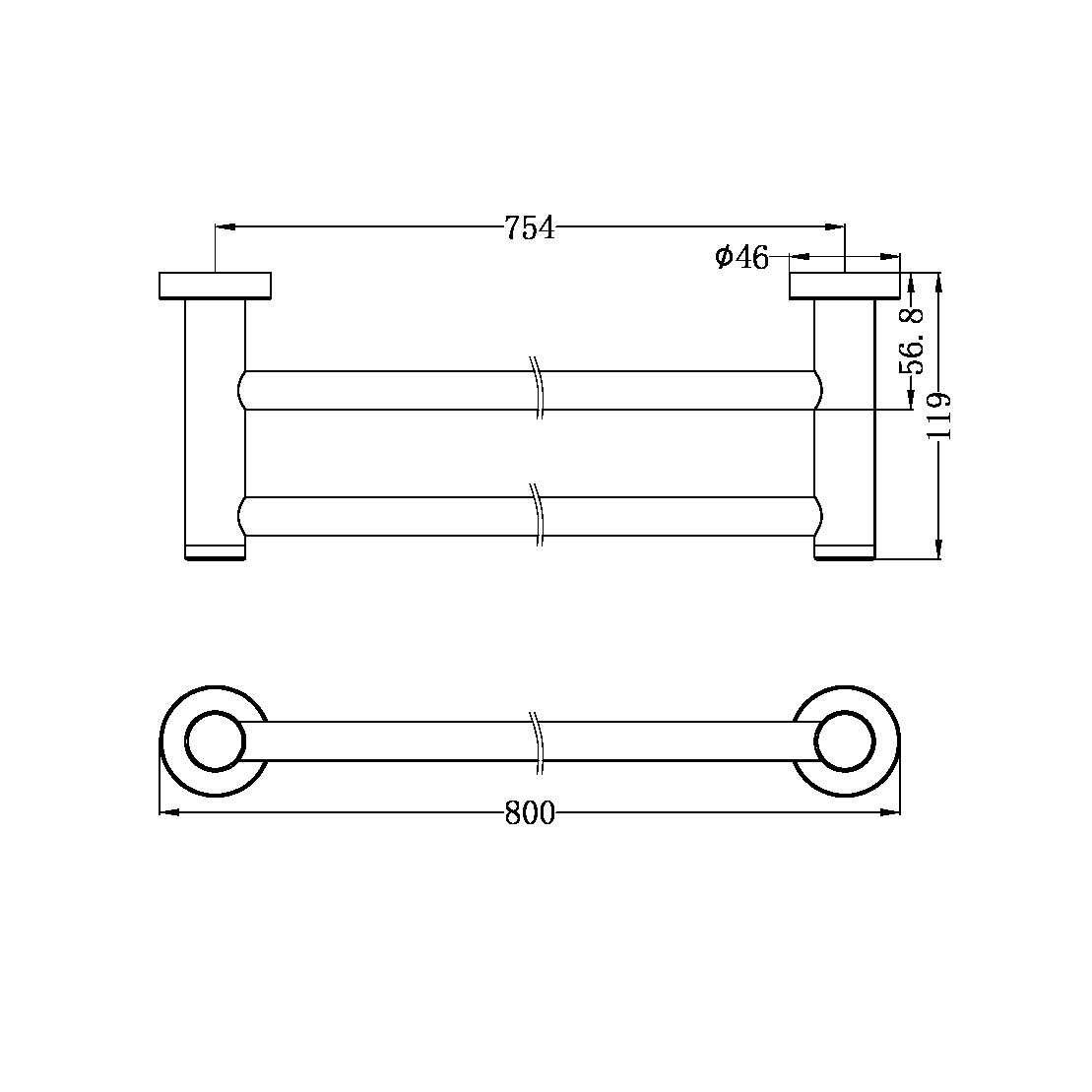 Dolce II DOUBLE TOWEL RAIL 800MM MATTE BLACK (NR2030dMB)