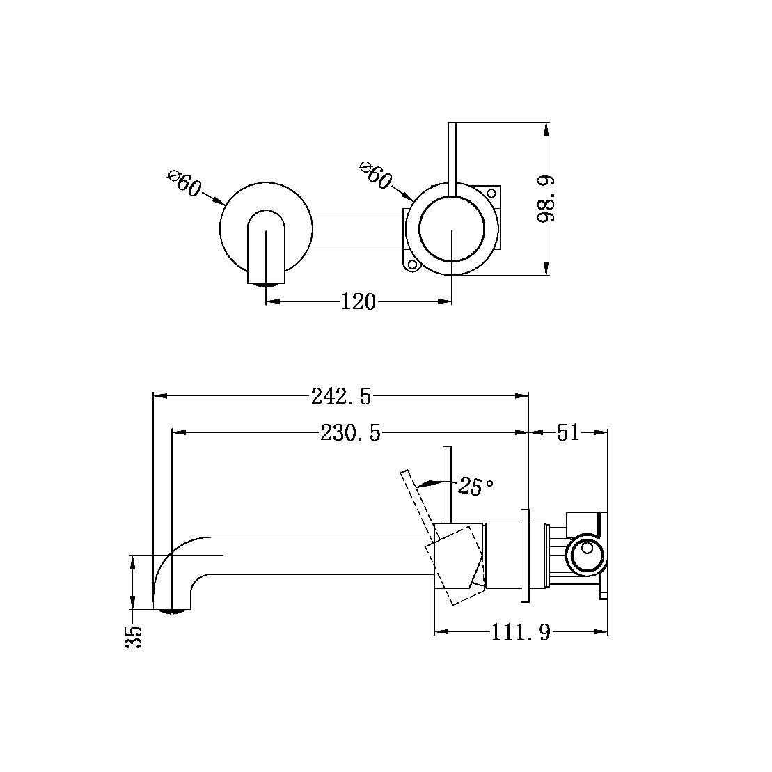 MECCA WALL BASIN/BATH MIXER SEPARATE BACK PLATE HANDLE UP 120/160/185/230/260 MM SPOUT MATTE WHITE (NR221910d120/160/185/230/260 MW)
