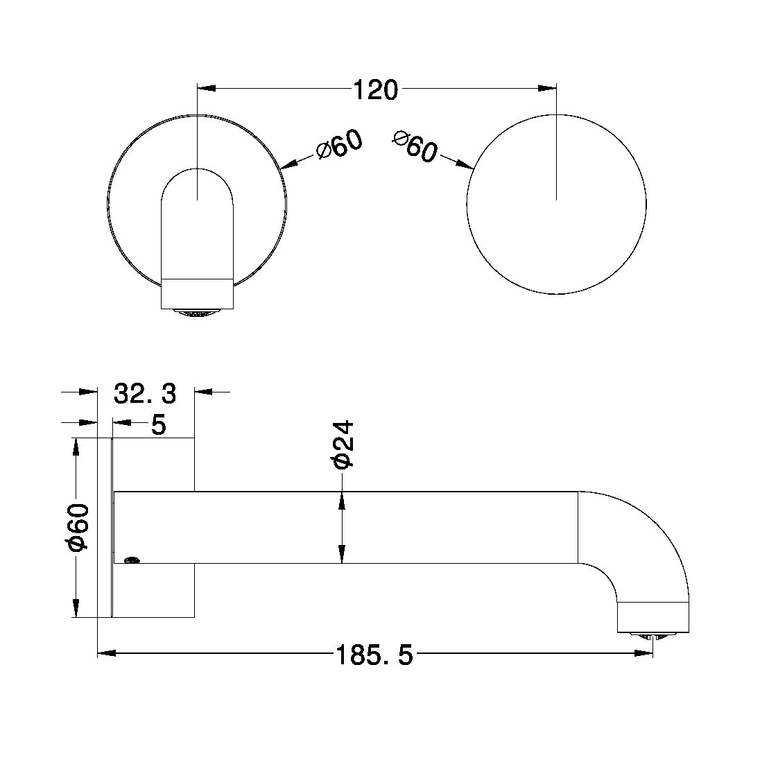 KARA PROGRESSIVE WALL BASIN/BATH SET 120/160/185/230/260 MM SPOUT GUN METAL (NR271907a120/160/185/230/260 GM)