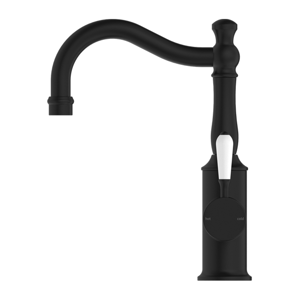 YORK BASIN MIXER HOOK SPOUT WITH WHITE PORCELAIN LEVER BATHROOM FAUCET MATTE BLACK (NR69210201MB)