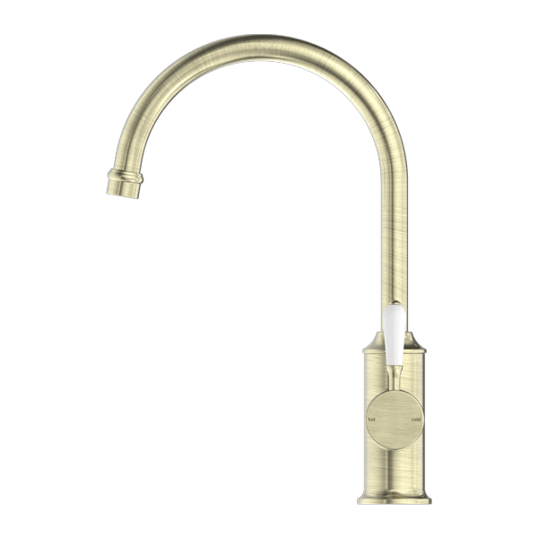 YORK KITCHEN MIXER GOOSNECK SPOUT WITH WHITE PORCELAIN LEVER AGED BRASS (NR69210601AB)