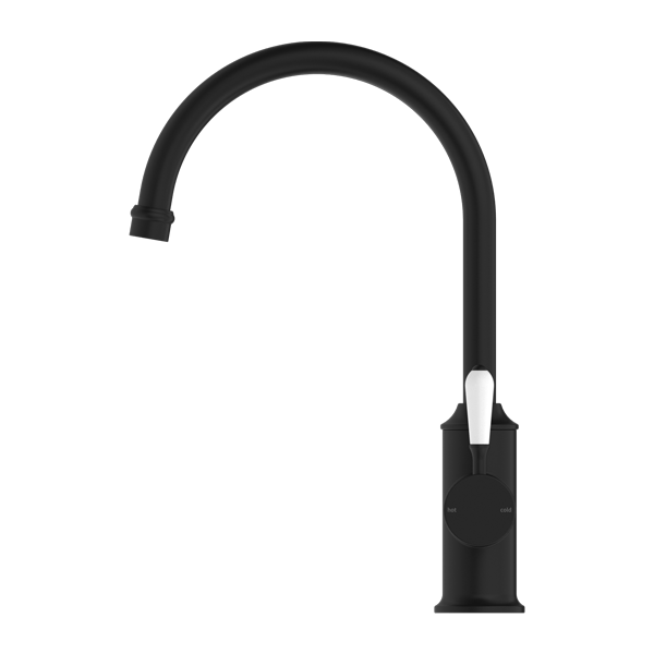 YORK KITCHEN MIXER GOOSNECK SPOUT WITH WHITE PORCELAIN LEVER MATTE BLACK (NR69210601MB)