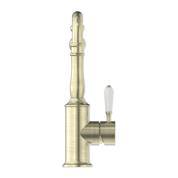 YORK KITCHEN MIXER HOOK SPOUT WITH WHITE PORCELAIN LEVER AGED BRASS (NR69210701AB)