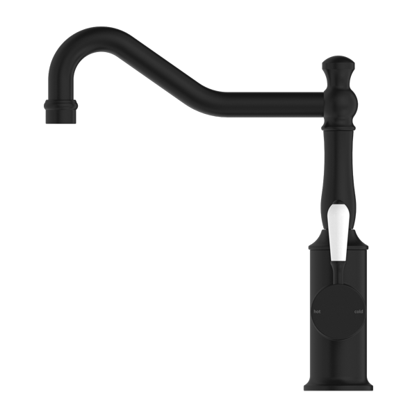 YORK KITCHEN MIXER HOOK SPOUT WITH WHITE PORCELAIN LEVER MATTE BLACK (NR69210701MB)