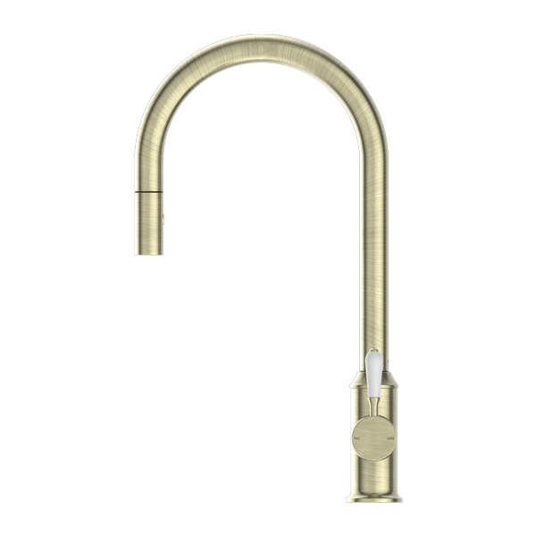 YORK PULL OUT SINK MIXER WITH VEGIE SPRAY FUNCTION WITH WHITE PORCELAIN LEVER AGED BRASS (NR69210801AB)