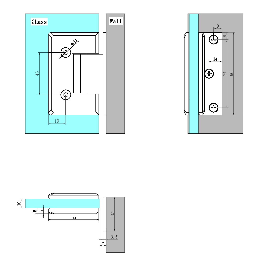 90 DEGREE GLASS TO WALL SHOWER HINGE 10MM GLASS BRUSHED GOLD (NRSH101BG)