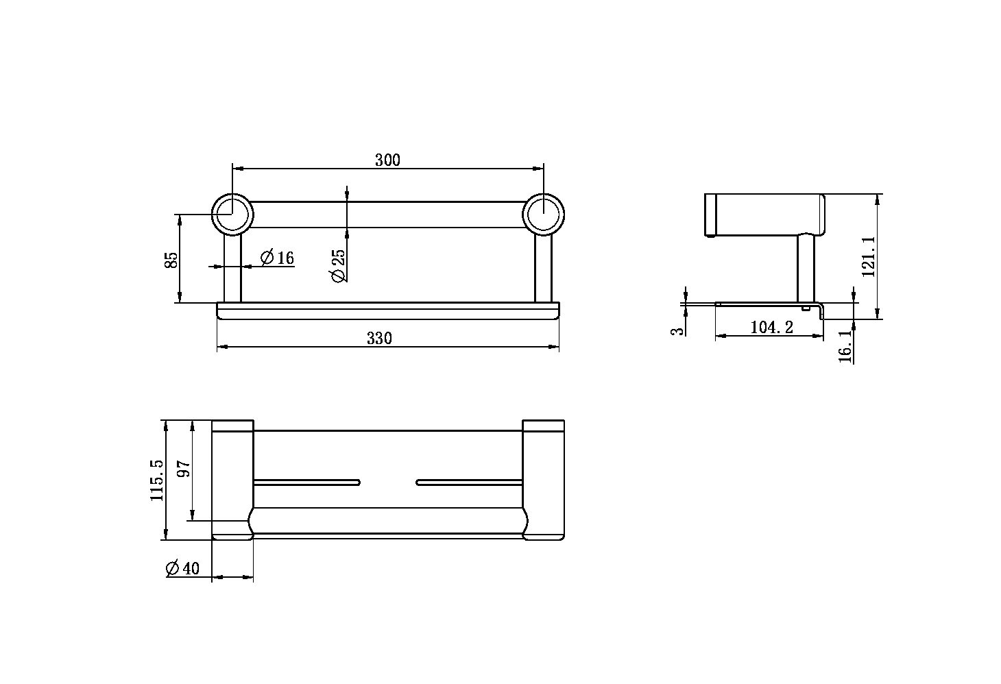 MECCA CARE 25MM GRAB RAIL WITH SHELF 300MM BRUSHED NICKEL (NRCR2512cBN)