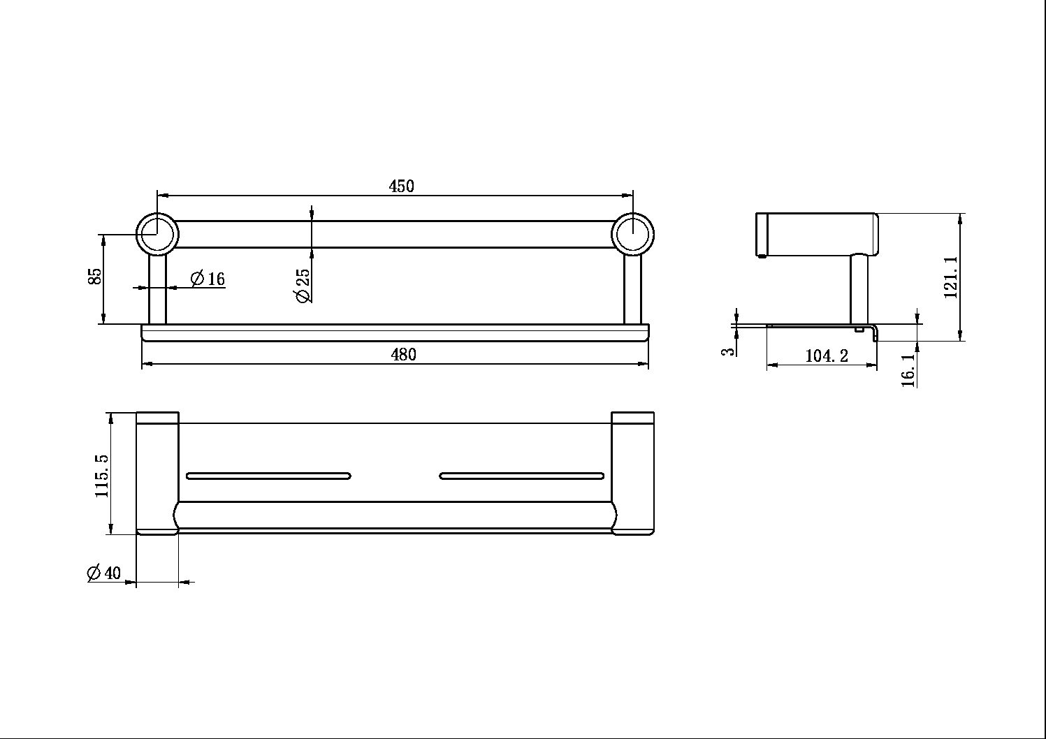 MECCA CARE 25MM GRAB RAIL WITH SHELF 450MM GUN METAL (NRCR2518CGM)