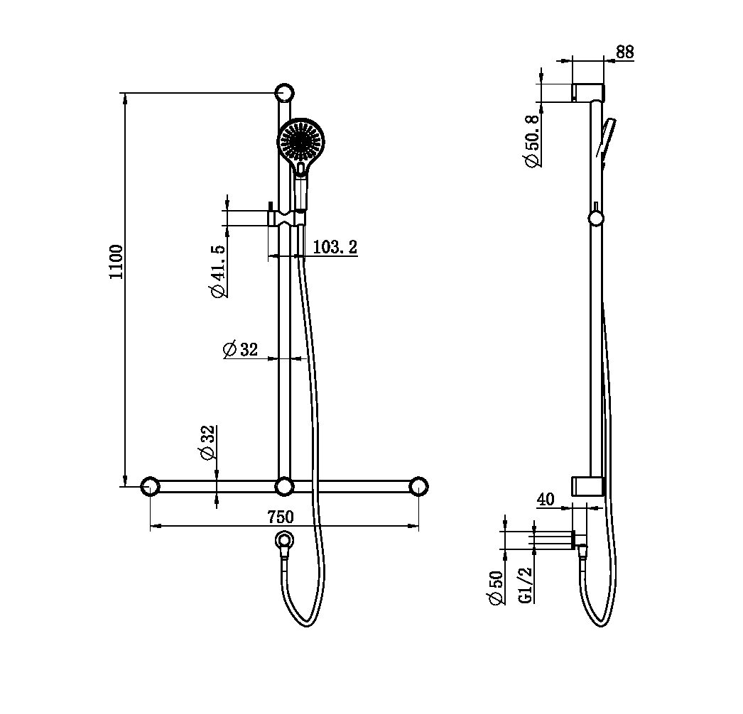 MECCA CARE 32MM T BAR GRAB RAIL AND ADJUSTABLE SHOWER SET 1100X750MM BRUSHED NICKEL (NRCS006BN)