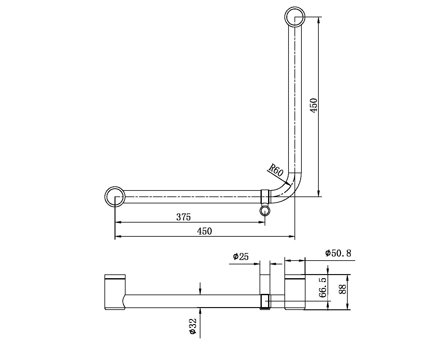 MECCA CARE 32MM AMBULANT 90 DEGREE BENT TUBE GRAB RAIL 450X450MM BRUSHED NICKEL (NRCR3290dBN)