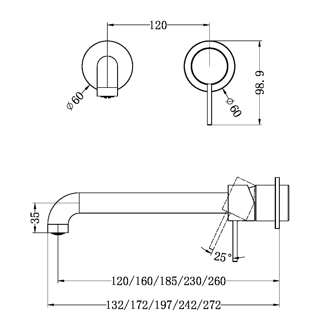 MECCA WALL BASIN/BATH MIXER SEPARATE BACK PLATE 120/160/185/230/260MM TRIM KITS ONLY BRUSHED GOLD (NR221910C120/160/185/230/260TBG)