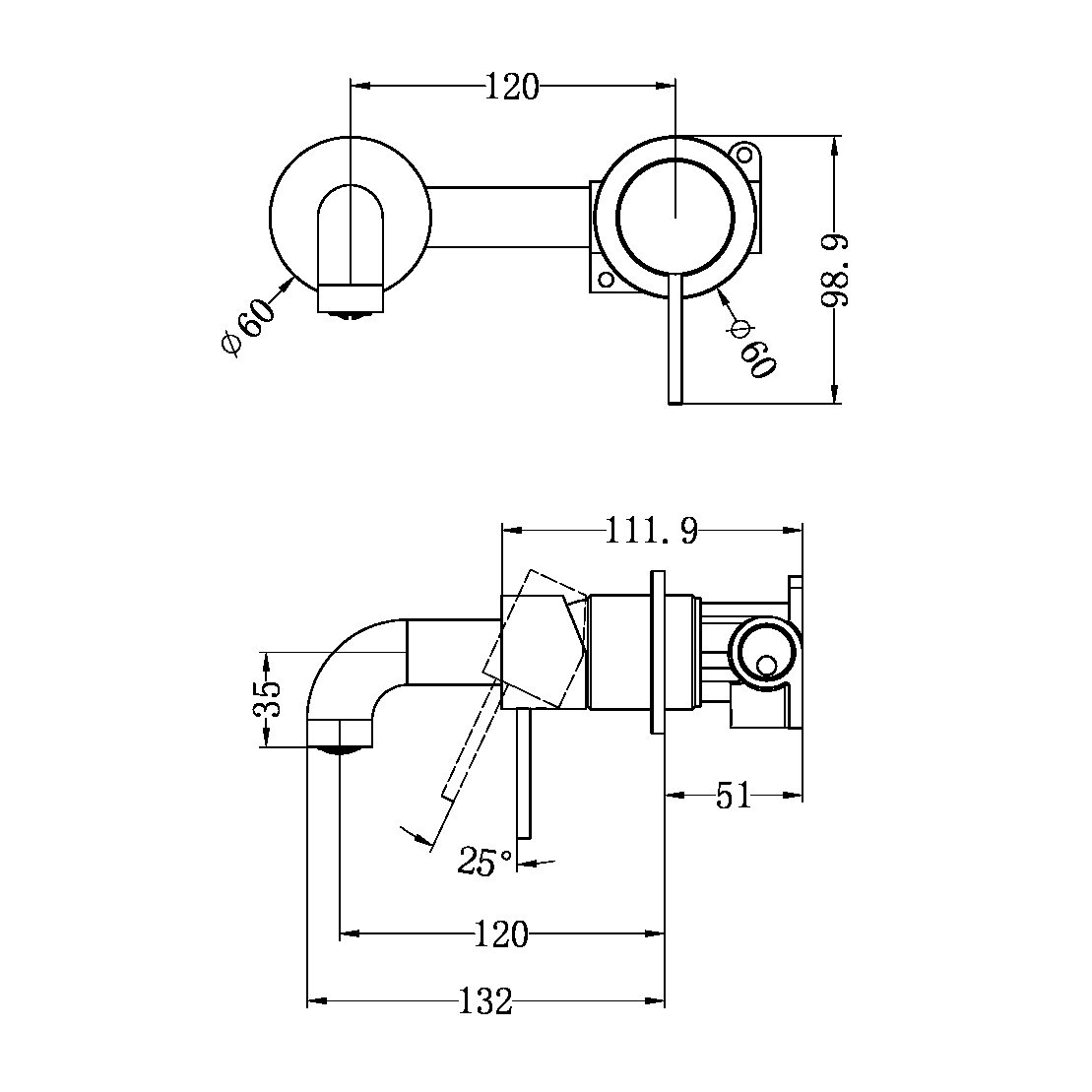 MECCA WALL BASIN/BATH MIXER SEPARATE BACK PLATE 120/160/185/230/260 MM SPOUT BRUSHED GOLD (NR221910c120/160/185/230/260 BG)