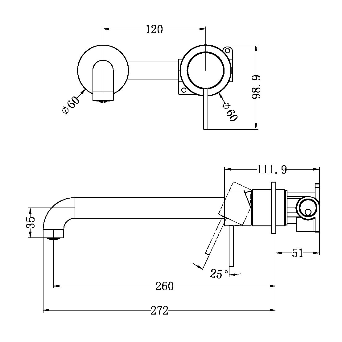 MECCA WALL BASIN/BATH MIXER SEPARATE BACK PLATE 120/160/185/230/260 MM SPOUT BRUSHED GOLD (NR221910c120/160/185/230/260 BG)