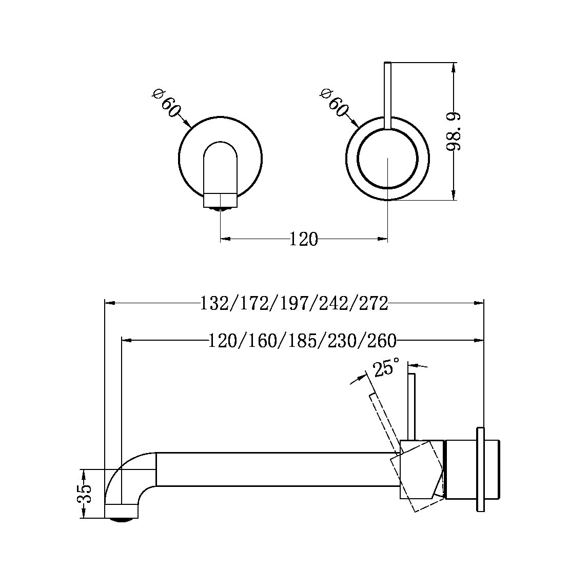 MECCA WALL BASIN/BATH MIXER SEPARATE BACK PLATE HANDLE UP 120/160/185/230/260MM TRIM KITS ONLY GUN METAL (NR221910D120/160/185/230/260TGM)
