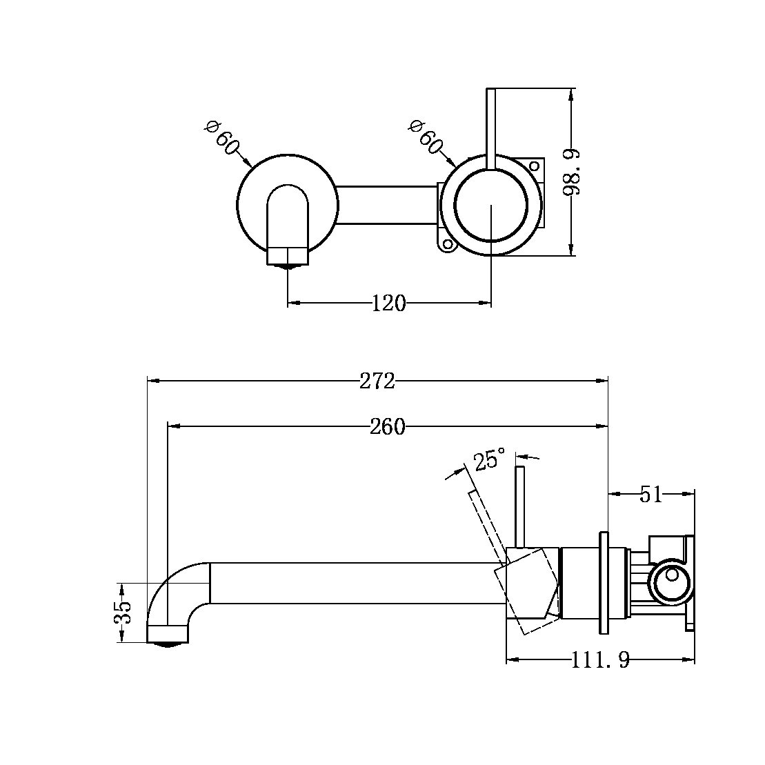 MECCA WALL BASIN/BATH MIXER SEPARATE BACK PLATE HANDLE UP 120/160/185/230/260 MM SPOUT MATTE WHITE (NR221910d120/160/185/230/260 MW)