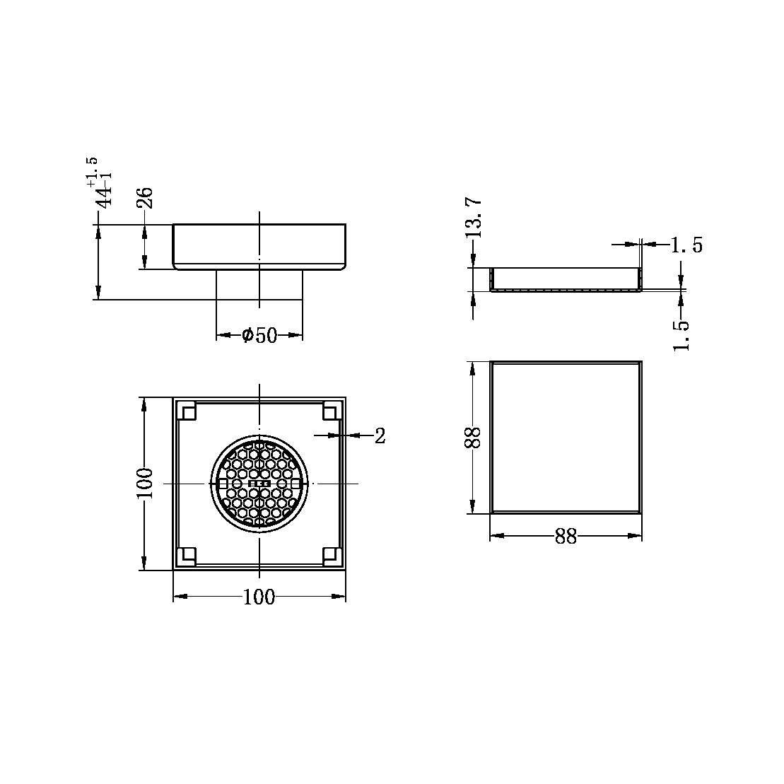 100MM SQUARE TILE INSERT FLOOR WASTE 50MM OUTLET SHOWER DRAIN FLOOR DRAIN OUTLET MATTE BLACK (NRFW006MB)