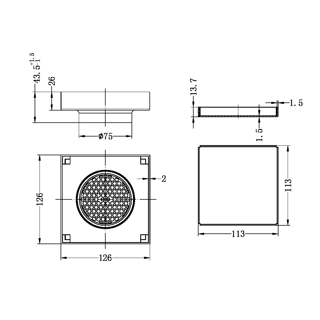 130MM SQUARE TILE INSERT FLOOR WASTE 80MM OUTLET SHOWER DRAIN FLOOR DRAIN BRUSHED GOLD (NRFW007BG)