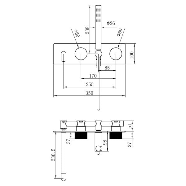 OPAL PROGRESSIVE SHOWER SYSTEM WITH SPOUT SHOWER FAUCET 250MM GRAPHITE (NR252003a250GR)