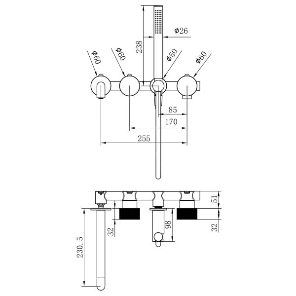 OPAL PROGRESSIVE SHOWER SYSTEM SEPARATE PLATE WITH SPOUT SHOWER FAUCET 230MM BRUSHED NICKEL (NR252003B230BN)