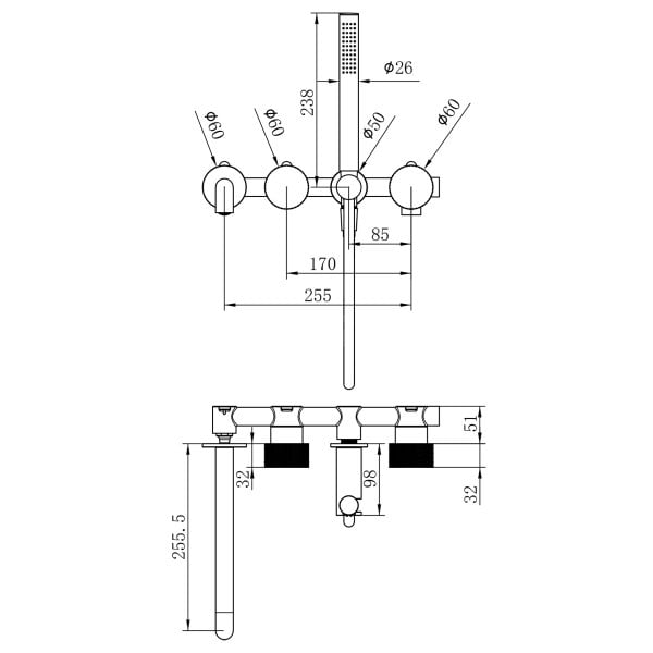 OPAL PROGRESSIVE SHOWER SYSTEM SEPARATE PLATE WITH SPOUT SHOWER FAUCETS 250MM BRUSHED NICKEL (NR252003B250BN)