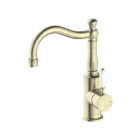 YORK BASIN MIXER HOOK SPOUT WITH WHITE PORCELAIN LEVER BATHROOM FAUCET AGED BRASS (NR69210201AB)