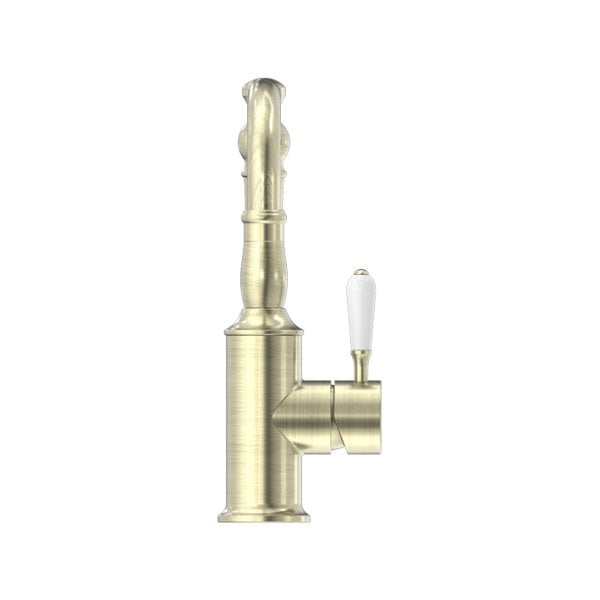 YORK BASIN MIXER HOOK SPOUT WITH WHITE PORCELAIN LEVER BATHROOM FAUCET AGED BRASS (NR69210201AB)