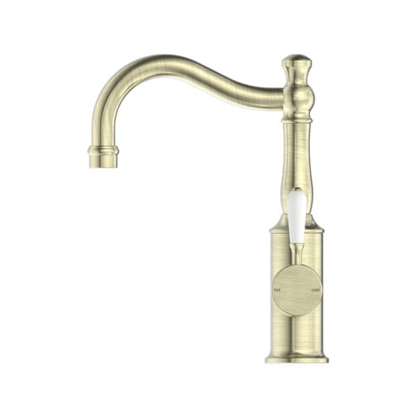 YORK BASIN MIXER HOOK SPOUT WITH WHITE PORCELAIN LEVER BATHROOM FAUCET AGED BRASS (NR69210201AB)