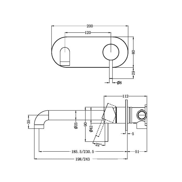 ZEN SS316L WALL MOUNT BATHROOM FAUCET WALL BASIN/BATH MIXER 185/230MM SPOUT GRAPHITE