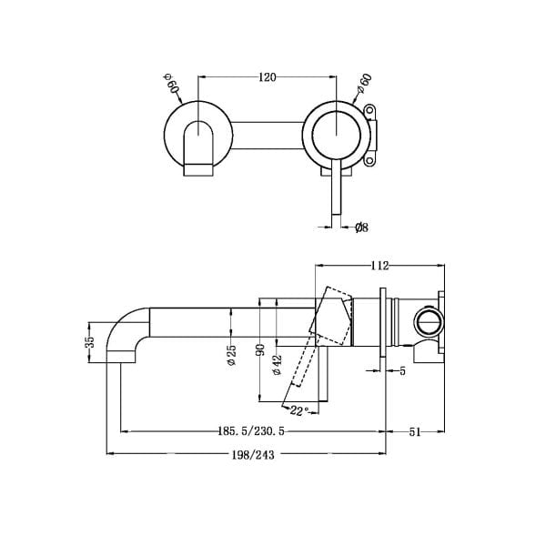 ZEN SS316L WALL BASIN/BATH MIXER SEPARATE BACK PLATE WALL MOUNT BATHROOM FAUCET 185/230MM SPOUT GRAPHITE