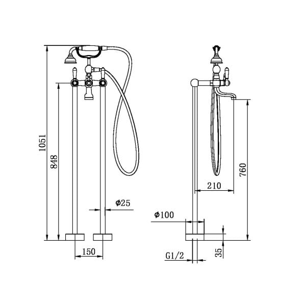 YORK FREESTANDING BATH SET WITH WHITE PORCELAIN HAND SHOWER MATTE BLACK (NR692103A01MB)