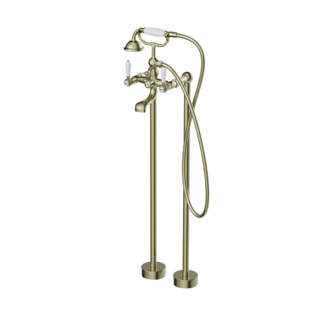 YORK FREESTANDING BATH SET WITH WHITE PORCELAIN HAND SHOWER AGED BRASS (NR692103A01AB)