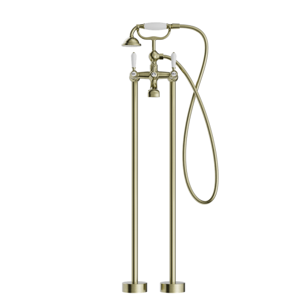 YORK FREESTANDING BATH SET WITH WHITE PORCELAIN HAND SHOWER AGED BRASS (NR692103A01AB)