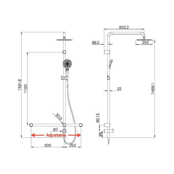 Mecca Care 32mm T Bar Grab Rail 1100x750mm Twin Shower Set Gun Metal (NRCS008GM)