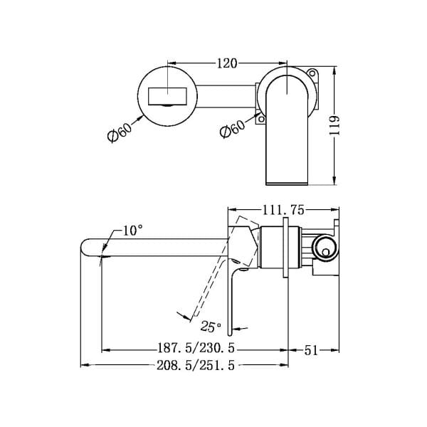 BIANCA WALL BASIN/BATH MIXER SEPARATE BACK PLATE 187/230MM BRUSHED NICKEL (NR321510eBN / NR321510fBN)