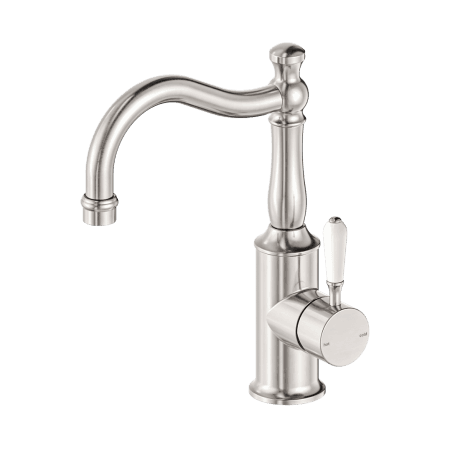 York Basin Mixer Hook Spout With White Porcelain Lever Brushed Nickel (NR69210201BN)