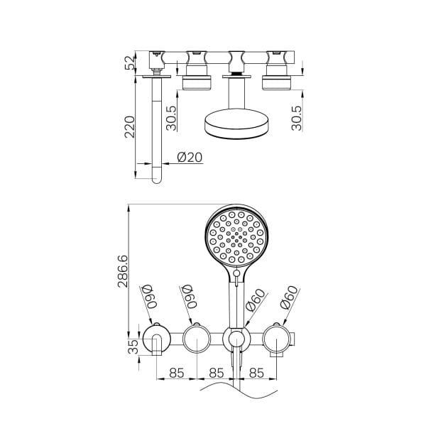 SERENITY SHOWER SYSTEM WITH SPOUT WITH ROME TRAVERTINE HANDLE AND SERENITY HAND SHOWER GUN METAL (24E015GM)