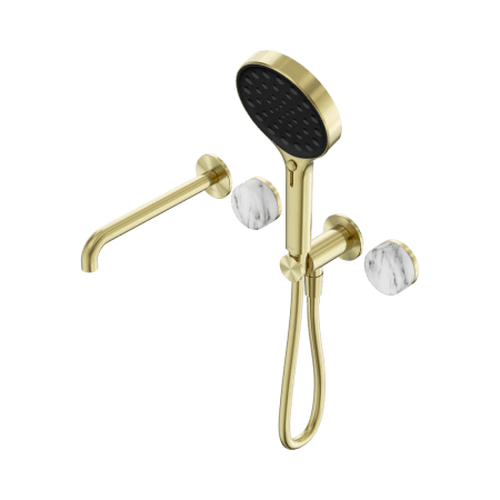 SERENITY SHOWER SYSTEM WITH SPOUT WITH ARABESCATO CORCHIA HANDLE AND SERENITY HAND SHOWER BRUSHED GOLD (24E016BG)