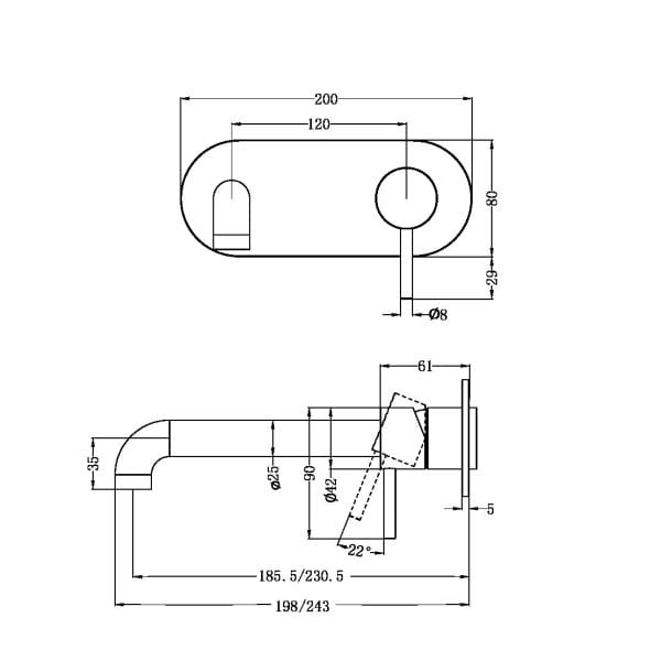 Zen SS316L Wall Basin/Bath Mixer 185/230mm Spout Trim Kits Only Graphite (NR162210a185tGR/NR162210a230tGR)