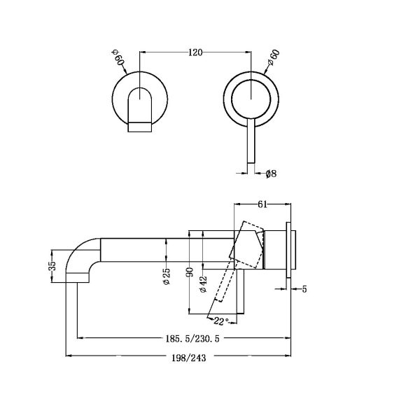 Zen SS316L Wall Basin/Bath Mixer Separate Back Plate 185/230mm Spout Trim Kits Only Graphite (NR162210b185tGR/NR162210b230tGR)