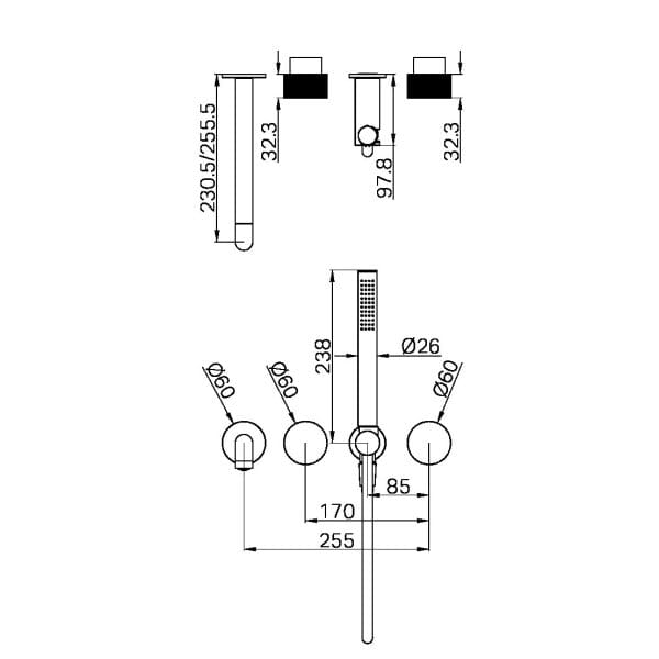 Opal Progressive Shower System Separate Plate With Spout 230/250MM Trim Kits Only Graphite (NR252003b230tGR/NR252003b250tGR)