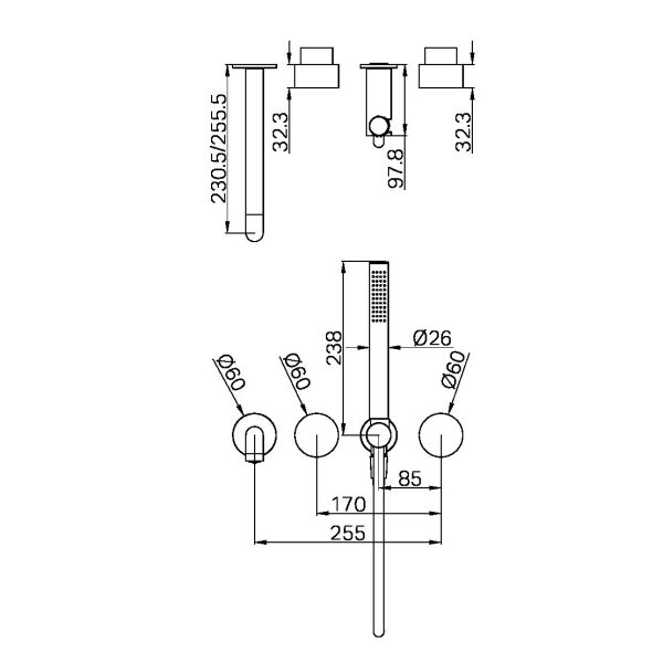 Kara Progressive Shower System Separate Plate With 230/250MM Trim Kits Only Gun Metal (NR271903b230tGM / NR271903b250tGM)