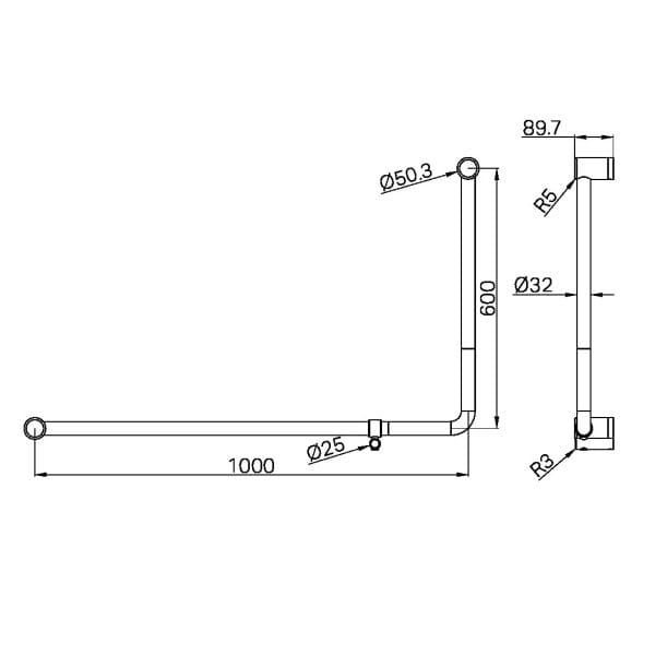 Mecca Care 32mm DDA Accessible Toilet 90 Degree Bent Tube Grab Rail 600X1000mm Gun Metal (NRCR3290eGM)